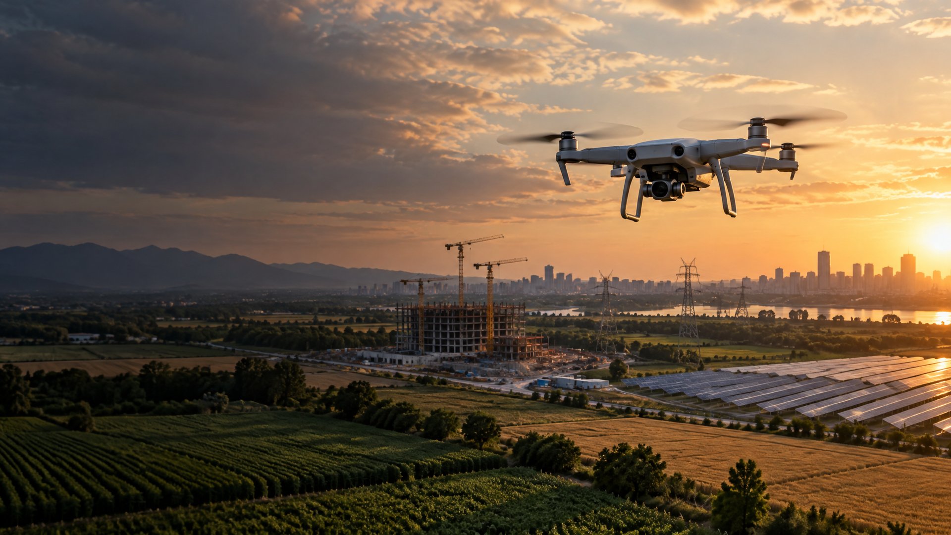 Professional drone flying over farmland, a construction site, solar panels and a city skyline